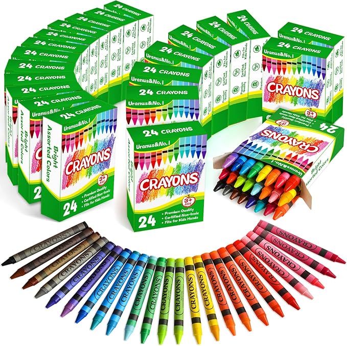 Crayons Bulk 24 Count, 24 Individual Boxes of 24 Assorted Colors for Kids 4-8, Classroom Crayons for Preschool Kindergarten & Toddlers, Non Toxic Back to School Supplies Stocking Stuffers Party Favors