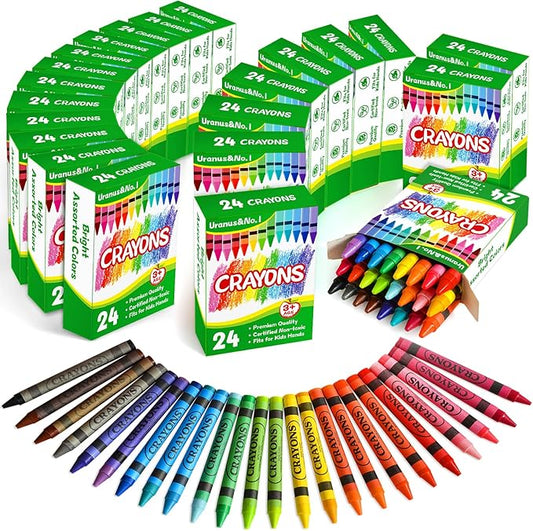Crayons Bulk 24 Count, 24 Individual Boxes of 24 Assorted Colors for Kids 4-8, Classroom Crayons for Preschool Kindergarten & Toddlers, Non Toxic Back to School Supplies Stocking Stuffers Party Favors