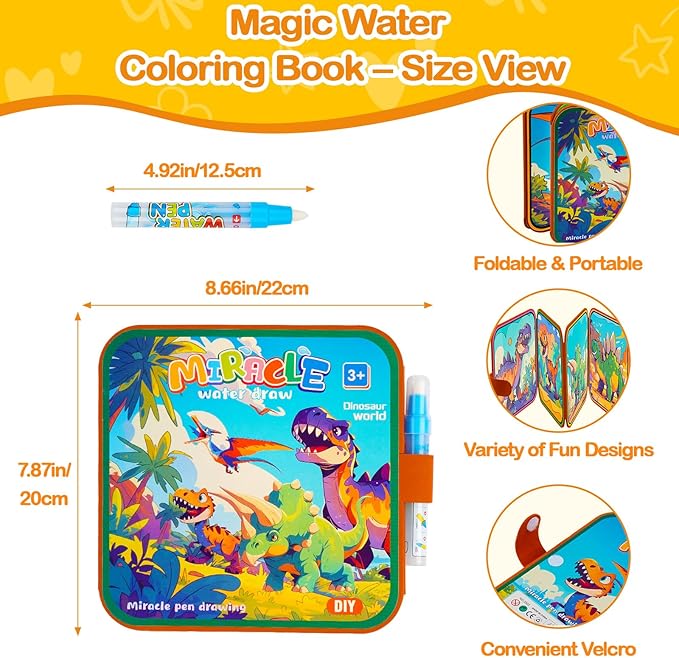 Dinosaur Water Coloring Book Toy for Toddler–Reusable Water Painting Book with Water Pen,Mess Free Coloring Magic Water Book for Kids,Preschool Educational Drawing Travel Toys for Boy/Girl Age 3+