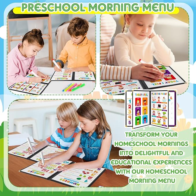 Fuyoooo Homeschool Morning Menu Kit for Preschool Learning – 16 Educational Posters & 2 Menu Covers for Toddlers and Kids, Daily Learning Activities for Homeschool Classroom(Rainbow Color)