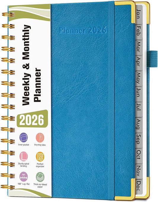 2026 Planner, Hardcover Leather Weekly and Monthly Planner, January 2026 - December 2026, Spiral Yearly Agenda Organizer Book 2026 with Tabs, Daily Calendar Planners for School Work Home, A5 (5.75" x 8.38"), Pacific Green