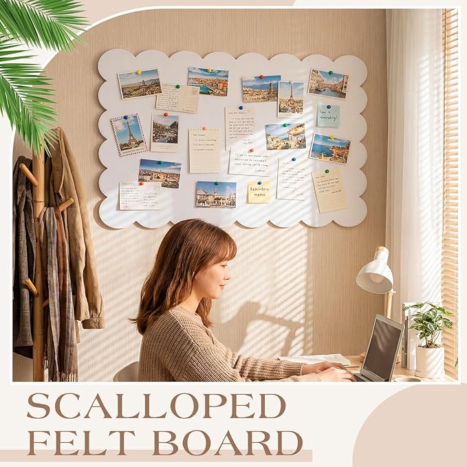 Mooliwe Scalloped Felt Bulletin Board Foldable Pin Cork Board Alternative for Wall Foldable Picture Vision Self Adhesive Bulletin Decorative(White,36 * 24 Inch)