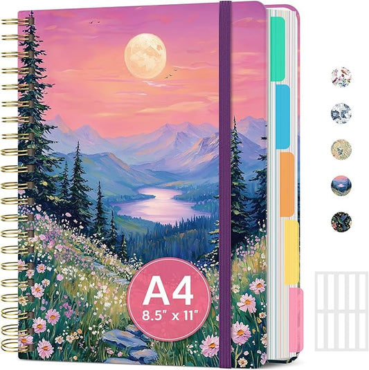 Large Lined Spiral Journal for Women Cute Hardcover 5 Subject Notebook for Work 8.5" x 11" with Removable Dividers & Tabs, College Ruled, 280 Pages Aesthetic Journal for Work, School & Note Taking, Dreamscape Hills