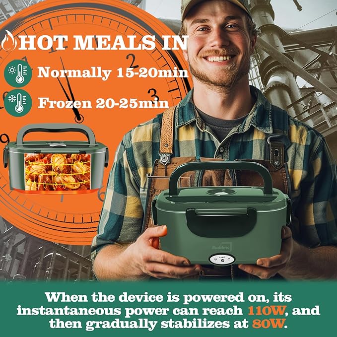Buddew Electric Heated Lunch Box, 80W Fast Heating, 1.5L Food-Grade 304 Stainless Steel, 12V/24V/110V Portable Food Warmer for Car Truck Office Adults, Lonchera Electrica Portatil (Dark Green)