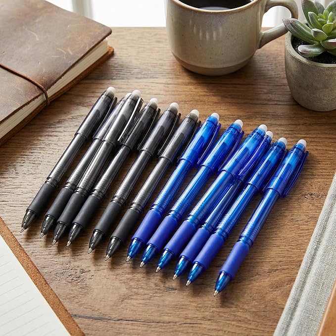 Volcanics 12 Pack Erasable Gel Pens, 0.7mm Capped Friction Pens for Note Taking and Crosswords, 6 Soft Black and 6 Blue Ink Pens with Soft Comfort Grip for Home and Office