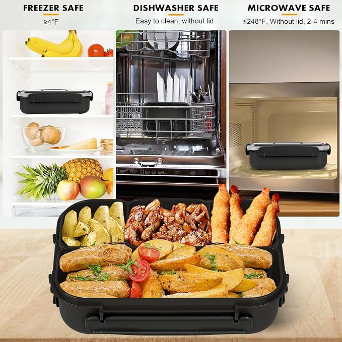 Yumuk Bento Box for Kids 1300ML with 4 Compartment & Cake Cups, Black | Lunch Box Containers for Adults/Kids/Toddler, Leak-Proof, Microwave/Dishwasher/Refrigerator Safe, BPA Free
