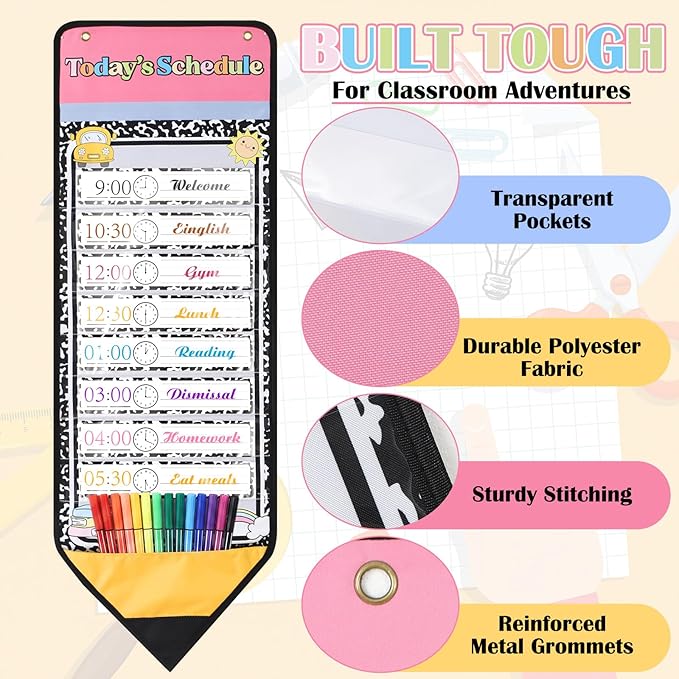 Marspark Daily Schedule Pocket Chart 8+1 Classroom Visual Schedule with Dry Eraser Card Reusable Reversible Chart Welcome Back to School Decorations for Classroom Home Office School Activity