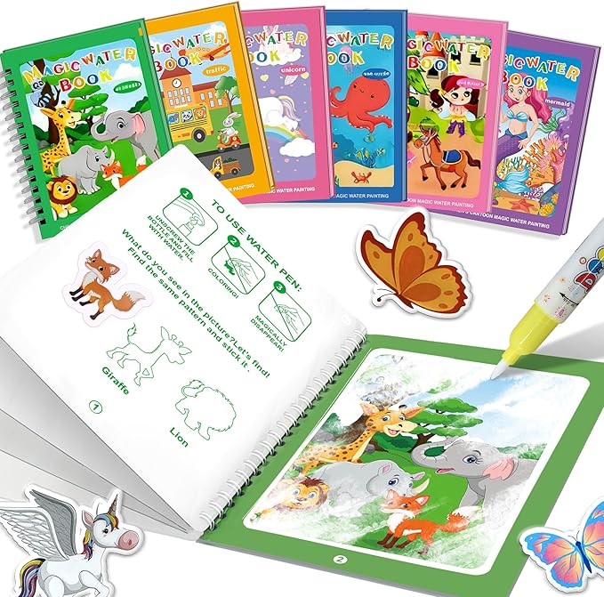 6 Sets in 1, Reusable Water Coloring Books for Toddlers 1-3 with 110+ Stickers & No-Mess Pen, Water Coloring Books for Toddlers 1-3, Magic Paintless Painting Book for Toddler, Paintless Painting Book
