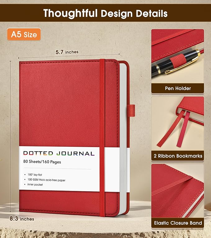 Dotted Journal Notebook, A5 Leather Hardcover, 160 Pages, 180° Lay-Flat Binding, 100 GSM Thick Paper, Dot Grid for Bullet Journaling, Planning & Daily Organization (Wine Red)