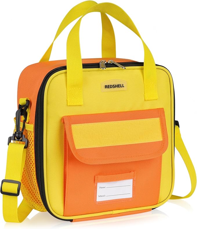 REDSHELL Tactical Lunch Box Kids, Large Insulated Lunch Bag for Boys Girls, Cooler Lunchbag, Square Toddler Lunchbox, School Daycare Lunch Tote Pail with Water Bottle Holder Shoulder Strap, Orange