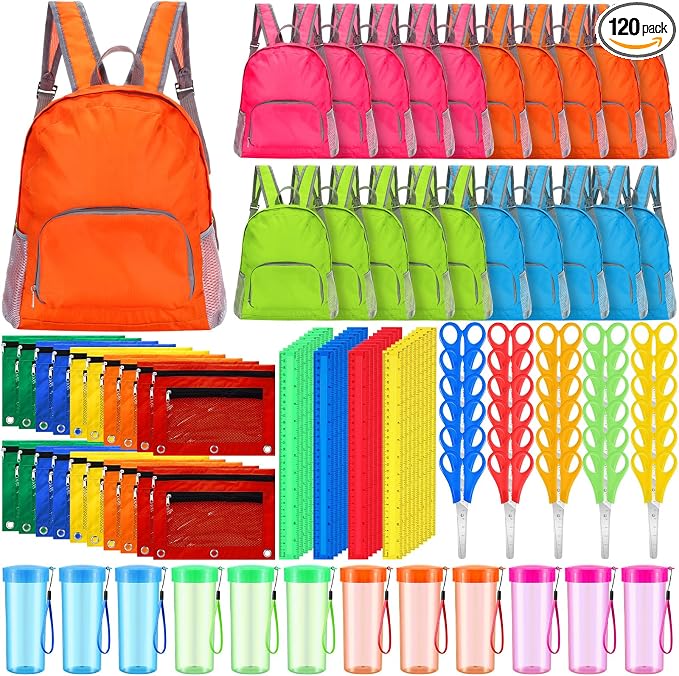 24 Sets Backpacks Bulk with School Supplies Include Sturdy Oxford Backpacks Water Bottles Pencil Pouches Scissors Rulers for Back to School Student Supplies Bulk Donation Gift Set(Simple)