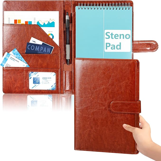 Steno Pad Holder PU Leather Cover 6x9 Steno Pad Cover Business Padfolio Organizer Compatible With 6x9 Steno Notebook Portfolio Pocket Organizer With Pen Loop for Business Office（Brown）