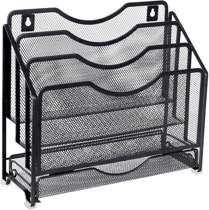 EasyPAG Mesh Desk Paper Organizer Wall Hanging File Holder with 3 Upright File Organizer and Sliding Drawer,Black