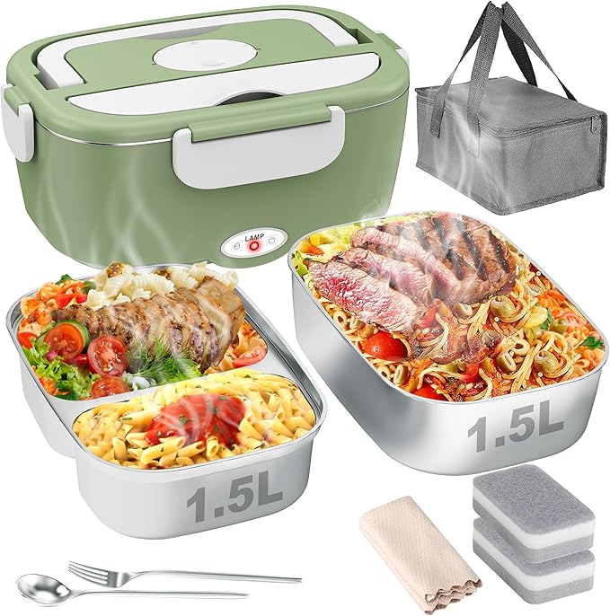 Geveniss Electric Lunch Box for Adults, Heated Lunch Box for Car and Truck, Portable Food Warmer for Office Work, 80W Fast Heating, Dual Removable 1.5L Stainless Steel Containers
