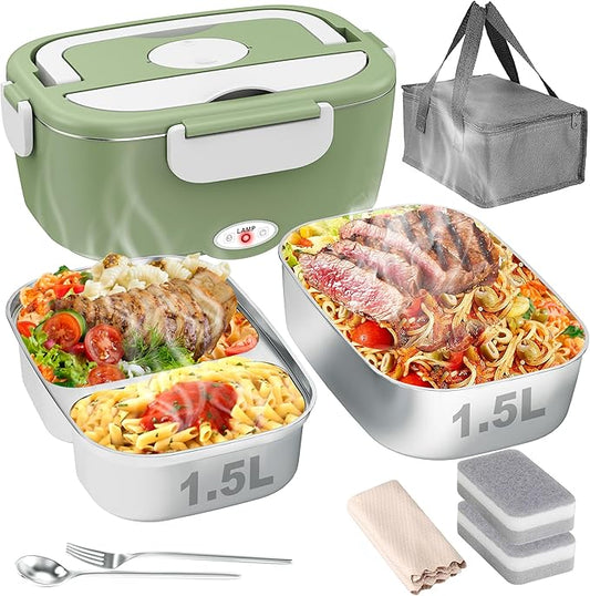 Geveniss Electric Lunch Box for Adults, Heated Lunch Box for Car and Truck, Portable Food Warmer for Office Work, 80W Fast Heating, Dual Removable 1.5L Stainless Steel Containers