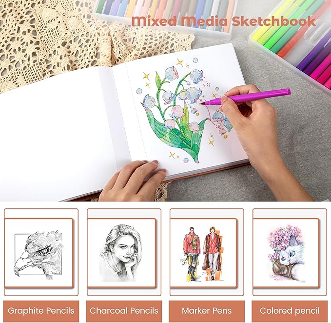 FLYING EAGLE Sketchbook for Drawing 8 x 8 Hardcover Sketch Book, 200GSM Thick Paper, Square Art Drawing Book with 3 DIY Cards Mixed Media Watercolor Paper Gift for Women Adults Artist, Pink