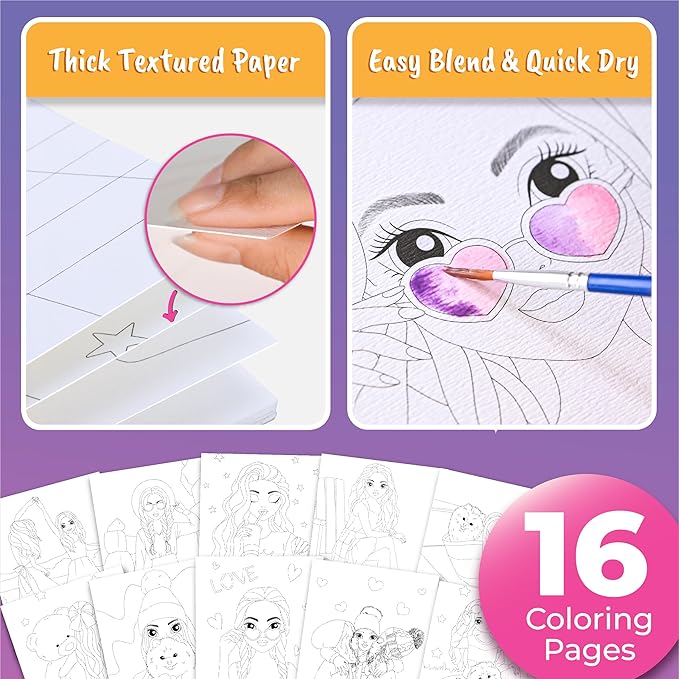 Water Coloring Book for Beginners Painting Kits for Kids Ages 5 and Up, Watercolor Paint Book with 12 Paint Palettes, 1 Brush, and Guides, Fashion Painting for Girls with 15 Pre-Drawn Models