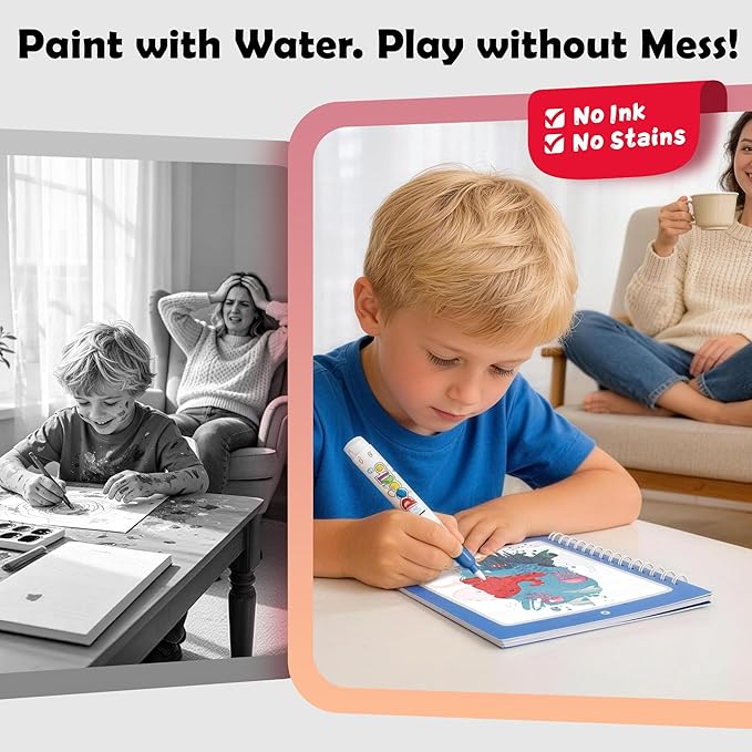 SAMZX Reusable Water Coloring Books for Toddlers 1-3, 6 Pack Magic Water Painting Book with Stickers, No Mess Travel Activity Toys & Educational Learning Kits Gifts for Kids Boys Girls Ages 3+