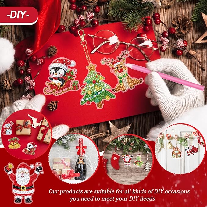 12 Pieces Christmas Diamond Art Keychains Kits- Christmas Crafts for Adults - Arts and Crafts - Make Your Own Diamond Ornaments Painting Gift for Family Decor