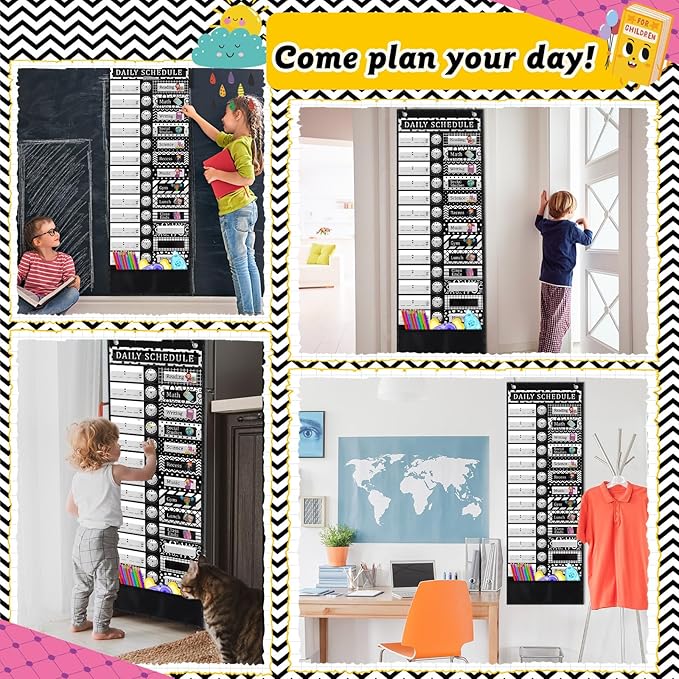 Chiisong Daily Schedule Pocket Chart, Boho 14+1 Pocket, with 40 Pcs Reusable Dry Eraser Cards Calendar for Classroom Toddler Schedule Chart Office Home Activity(Classic Style)