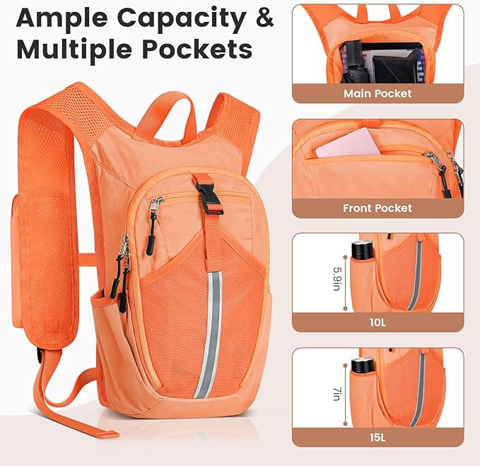 Small Hiking Backpack 15L- Lightweight Packable Foldable Backpack for Travel Camping Outdoor Commute, Compact Rucksack for Women Men(Orange)