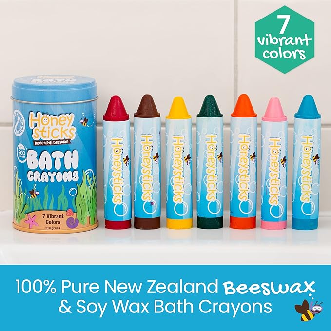 Honeysticks Super Jumbo Bath Crayons Non Toxic (7 Pack) for Toddlers 1-3 and Kids 4-8, Natural Beeswax Crayons, Food-Grade Colors, Fragrance Free, Non Irritating, Bath Toys for Bathtub, Shower, Gift