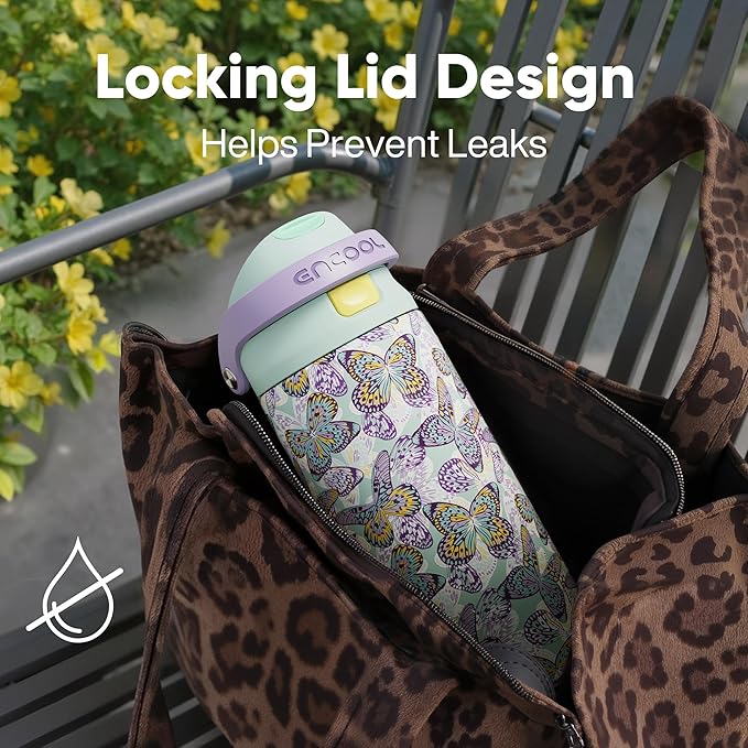 ENCOOL Leakproof Insulated Water Bottle with Straw Dual-Sip Water Bottle Bag-Safe Design for Work, Commute & Gym – Keeps Drinks Cold All Day, 32 oz, Mosaic Butterfly