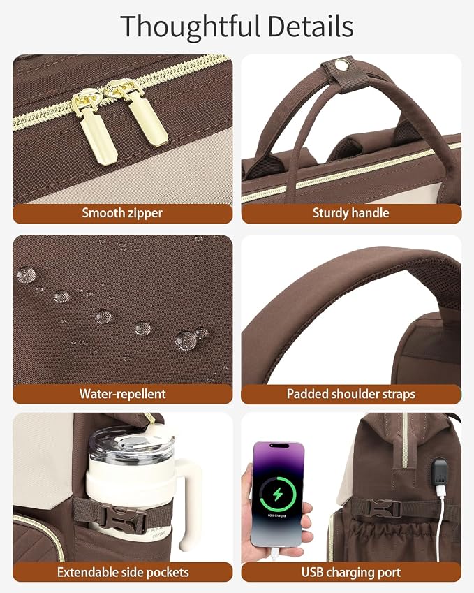 Computer Backpack for Women, Work Bag Laptop Bookbag with Cup Holder & USB Charger for Teacher Nurse College Travel Back Pack, Gifts, Nude Brown