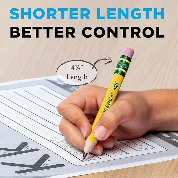 Ticonderoga My First Half-Size Wooden Pencils, Large Triangle-Barrel Pre-Sharpened #2 (HB) Short 4.5" Yellow Pencils with Erasers, Yellow, 12/Pack