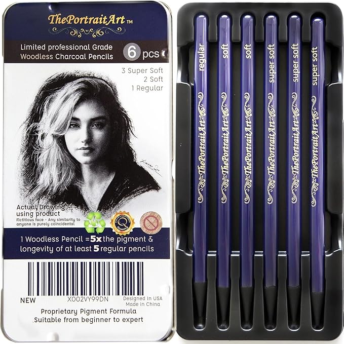 Artist Woodless Pure Charcoal Pencils - Ultra Soft and Dark – 6pc Set Equivalent to 28+ Regular Pencils – Smooth Consistency on All Drawing Papers