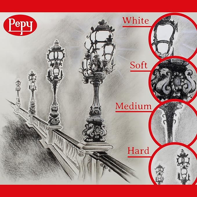 Pepy Professional Soft Charcoal Pencil Set – Set of 6 Pre-Sharpened Black Charcoal Pencils; Perfect for Drawing, Sketching, Blending and Shading