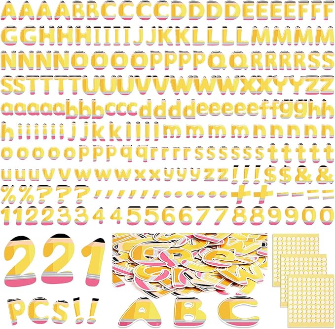 221 Pcs Pencil Bulletin Board Letters, Round Alphabet Number Punctuation Symbol Combo Letter Cutouts, Cute Yellow Classroom Decor for Summer School Classroom Chalkboard Poster Wall