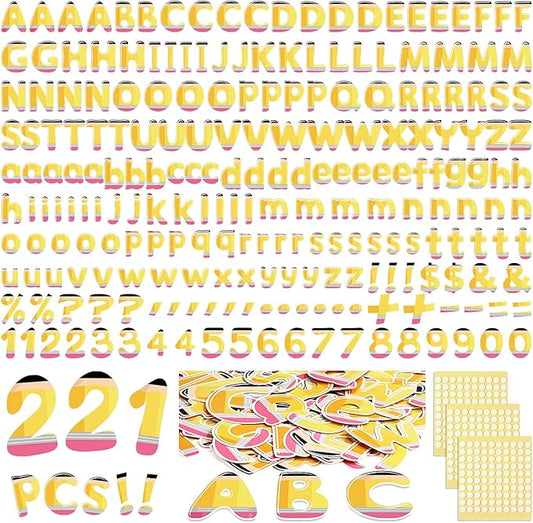 221 Pcs Pencil Bulletin Board Letters, Round Alphabet Number Punctuation Symbol Combo Letter Cutouts, Cute Yellow Classroom Decor for Summer School Classroom Chalkboard Poster Wall