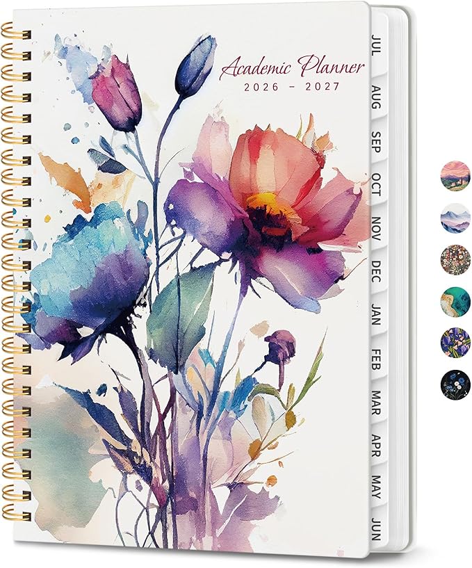 Planner 2026-2027, Monthly and Weekly Academic Planner July 2026 - June 2027, Hardcover Student Teacher Planning Agenda Calendar Book with Tabs, Perfect for Office School Supplies, A4 (8.5" x 11") - Painted Bloom