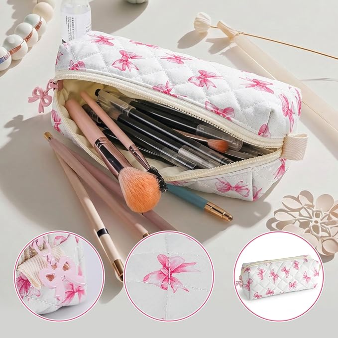 Cute Quilted Pencil Case for Girls Women, Aesthetic Small Floral Pencil Pouch,Slim Soft Pencil Bag for School Supplies Makeup Pouch for School & Daily Use (Tiny Pink Bow)