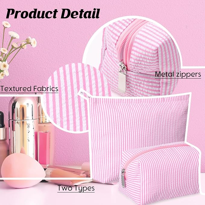 Huhumy 2 Pcs Makeup Bag Set for Women, Pink, Thin Striped Seersucker | Cute Cosmetic Pouch Women Travel Toiletry Bag Preppy Small Makeup Purse Pouch Aesthetic Skincare Brushes Storage Organizer