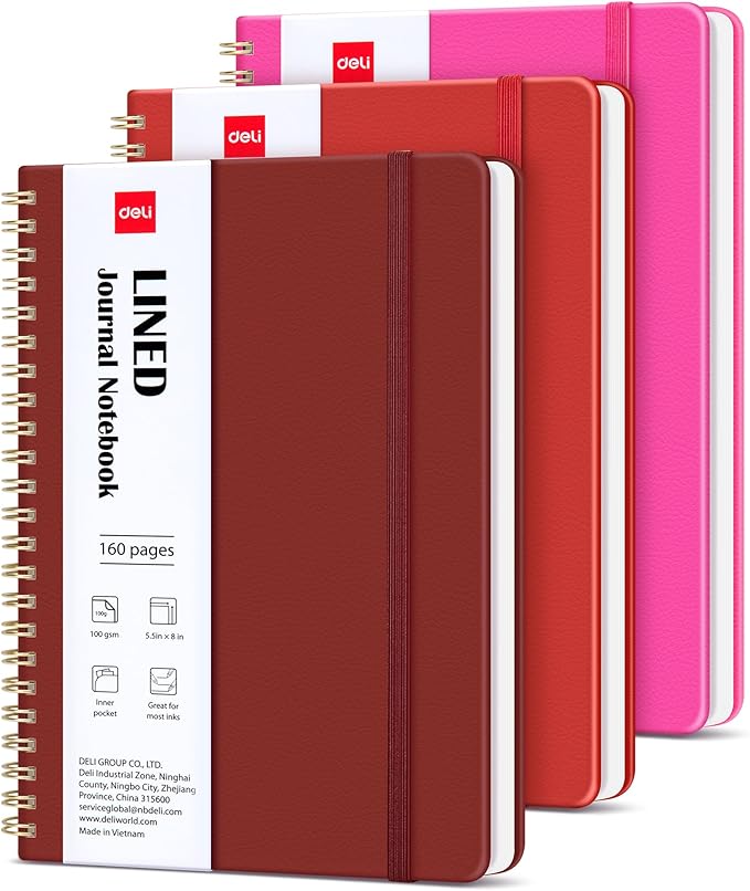deli 3 Pack Lined Spiral Journal Notebook, 160 Pages, A5 (5.5"x8") Hardcover Writing Notebook, College Ruled Spiral Bound Journal for Women & Men - Perfect for Work, School, Office & Note Taking