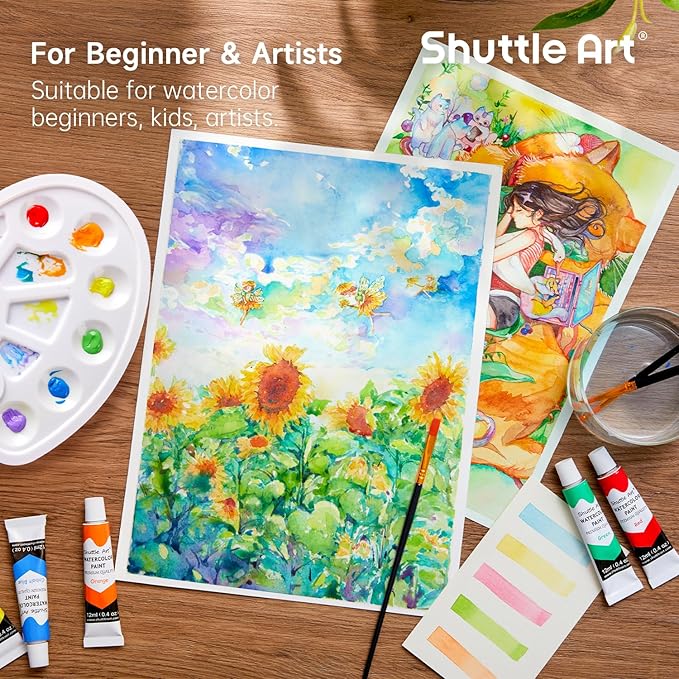 Shuttle Art 48 Pack Watercolor Paint Set, 36 Colors Watercolor Paint in Tubes (12ml Each) with 10 Brushes, 1 Watercolor Pad, 1 Palette, Premium Watercolor Kit for Artist, Beginners, Kids