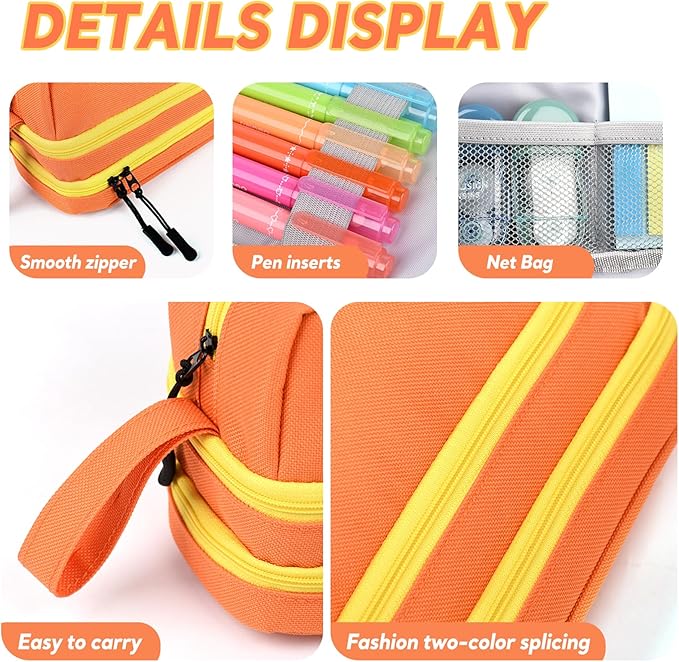 Genteen Large Capacity Pencil Case,Multifunction Pencil Pouch,Pencil Bags with Zipper 3 Compartments Pencil case organizer for or School Teen Girl Boy Men Women（Orange）
