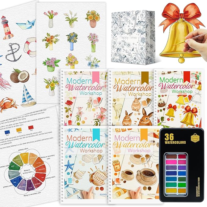 5Pcs Watercolor Workbook, Beginner-Friendly Water Coloring Book with 36 Colors Paint, Watercolor Paper, Watercolor Painting Kit - Beginner Friendly Watercolor Workbook with Step by Step for Adults