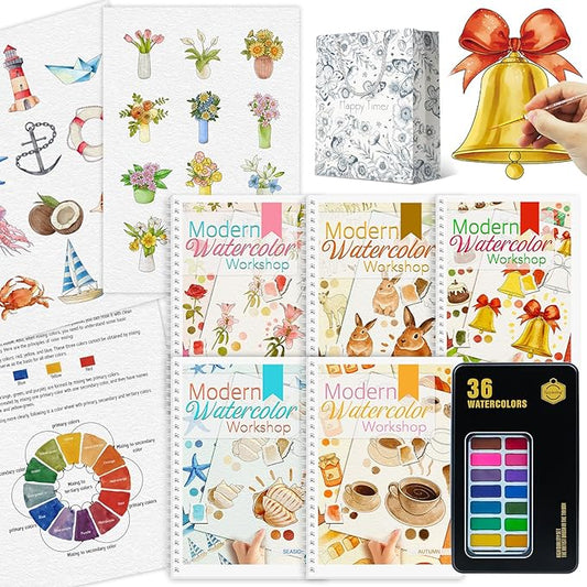 5Pcs Watercolor Workbook, Beginner-Friendly Water Coloring Book with 36 Colors Paint, Watercolor Paper, Watercolor Painting Kit - Beginner Friendly Watercolor Workbook with Step by Step for Adults