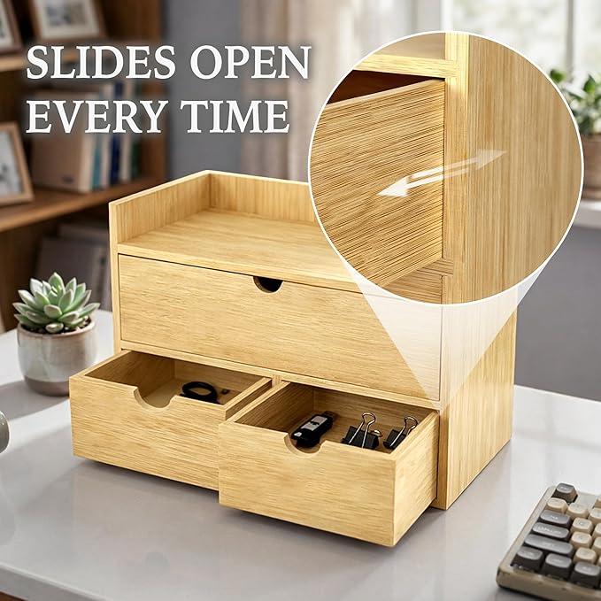 Bamboo Desk Organizer with 3 Drawers and Shelf, Desktop Drawers Wooden Storage Box 13.4 x 7.3 x 8.1 Inches Countertop Organizer for Office Supplies, Solid Wood Drawer No Assembly Required
