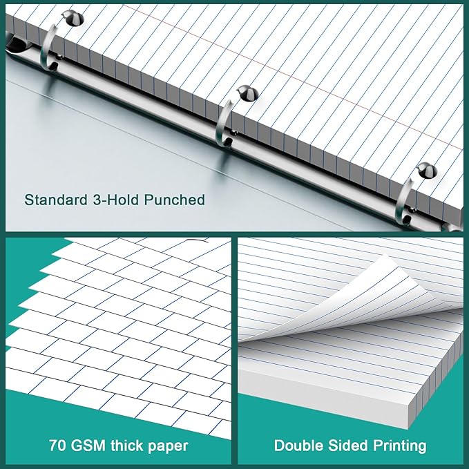 Note Pads 8 X 10.5 Loose Leaf Paper, 100 Sheets, 3 Hole Punched Lined Paper, College Ruled 8 X 10.5 Notebooks, 10-1/2" X 8 Binder Writing Pads, Filler Paper For Engineering, Office, School Supplies