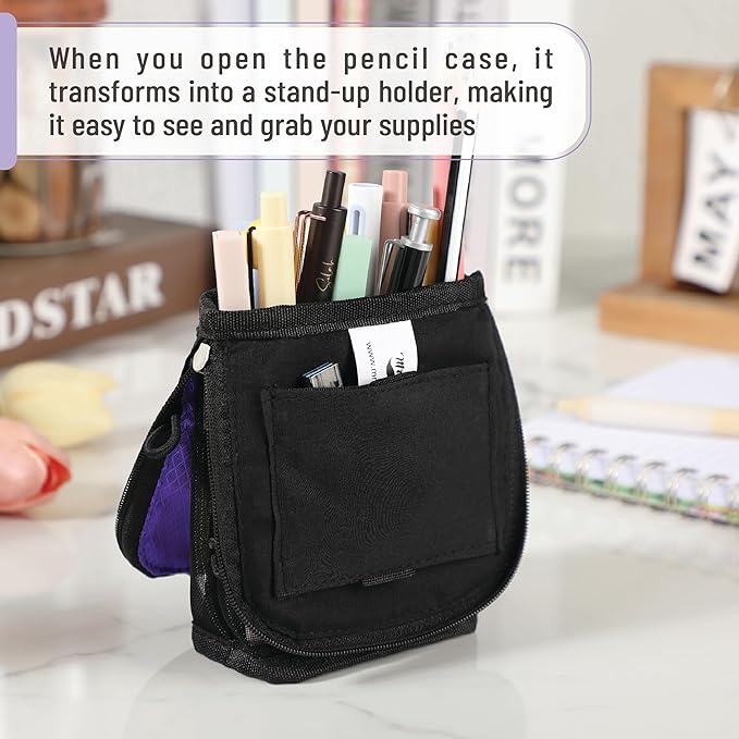 Mr. Pen- Standing Pencil Case Pouch, Sit & Lay Mesh-View Design, Black & Purple, Interior Pocket & 2 Elastic Binder Loops, Cute Pencil Case for Girls and Boys