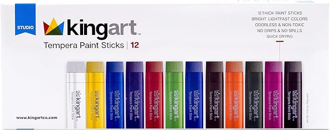 KINGART TEMPERA PAINT Sticks, Set of 12 Rich Colors, Solid Tempera Paint, Super Quick Drying, Non-Toxic, Work Great on Paper, Canvas, Wood, Glass and more