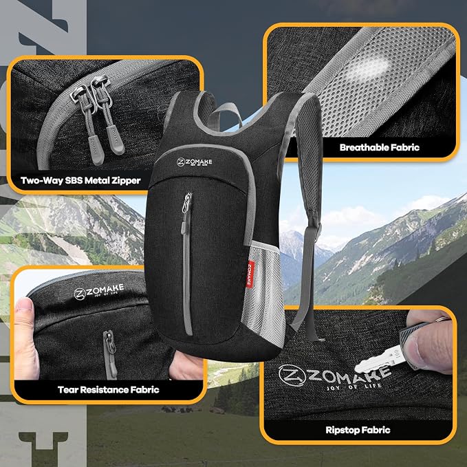 ZOMAKE 10L Ultra Lightweight Packable Backpack, Small Daypack Light Foldable Backpacks Water Resistant Day Bag for Hiking(Black) | Water Resistant Collapsible Backpacks for Women Men, Everyday Carry, Multi Compartment Storage, Adjustable Strap(Black A1)