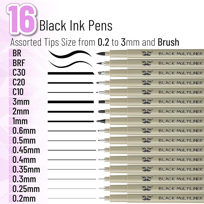 Mr. Pen- Drawing Pens for Artists, 16 Sizes, Black Multiliner, Micro Pens for Drawing