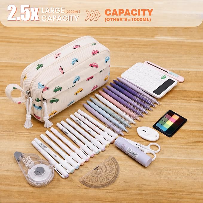 Big Capacity Pencil case,Soft Corduroy Pencil Bag with 3 Compartment,Pencil Pouch School Supplies Cute Pencil Box Pencil Bag for Teen Girls Boys College (Colorful Car)