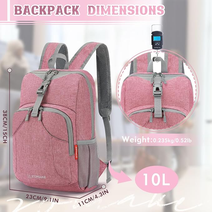 ZOMAKE Lightweight Packable Backpack, 10L Small Foldable Daypack for Hiking | Water Resistant Collapsible Backpacks for Women Men, Everyday Carry, Multi Compartment Storage, Adjustable Strap(Pink A4)