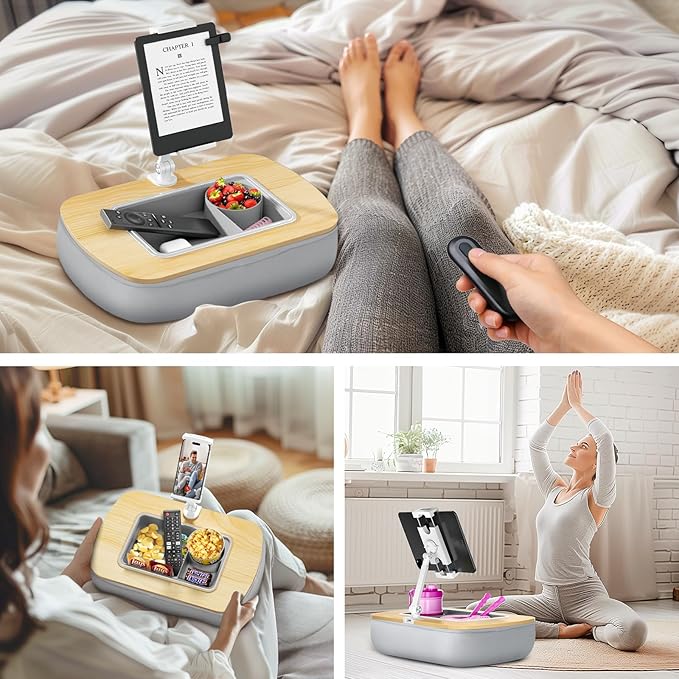 ERGONOV Tablet Stand Pillow with Snack Bowl, iPad Lap Holder for Hands-Free Reading and Relaxation on Bed,Couch,Recliner, 360° Rotating Clip for 4.7-13" Kindle,eBook,Tablet,iPhone (Birch Gray)
